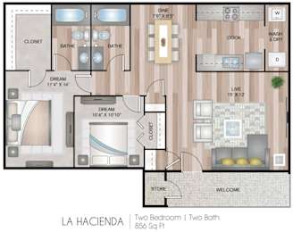 A floor plan of a two bedroom, two bath apartment.