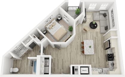 A top down view of a house interior with a kitchen, living room, and bathroom.