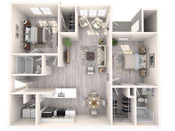 A 3D floor plan of a house showing the layout of the rooms.