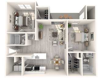 A 3D floor plan of a house showing the layout of the rooms.
