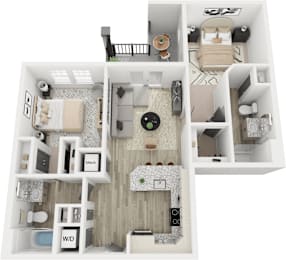 A 3D floor plan of a house showing a kitchen, living room, and two bedrooms.