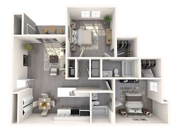 A 3D floor plan of a house with a kitchen, living room, and bathroom.