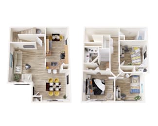 Two images of a small apartment with a living room, kitchen, and bedroom.