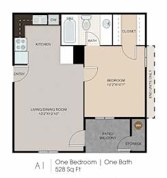 A one bedroom apartment with one bath has a living/dining room, kitchen, and a closet.