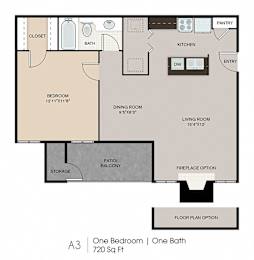 A floor plan of a one bedroom, one bath apartment.