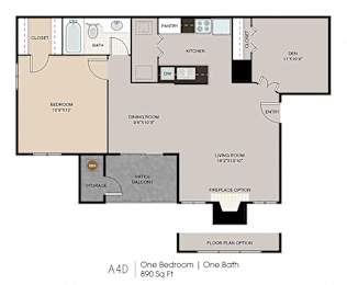 A floor plan of a one bedroom apartment with one bath and a living area.