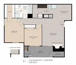 A floor plan of a one bedroom apartment with one bath.