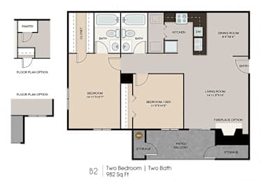 A floor plan of a B2 room with two bedrooms and two bathrooms.