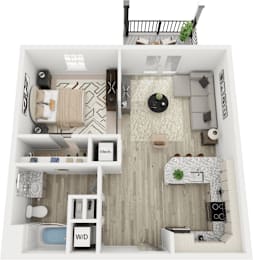 A top-down view of a small apartment with a bedroom, living room, and kitchen.