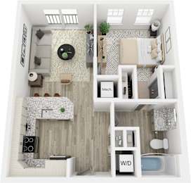 A top-down view of a small apartment with a kitchen, living room, and bathroom.