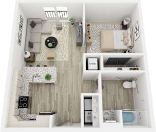 A top down view of a small apartment with a kitchen, living room, and bathroom.