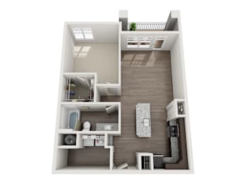 A top-down view of a small apartment with a kitchen, living room, and bathroom.