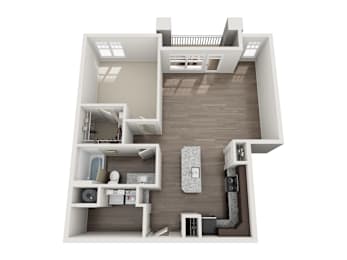 A 3D floor plan of a house with a kitchen, living room, and bathroom.