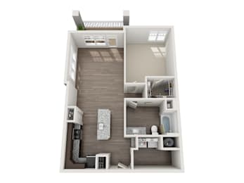 A top-down view of a small apartment with a kitchen, living room, and bathroom.