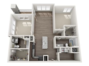 A 3D floor plan of a house with a kitchen, living room, and bedrooms.