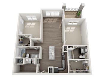 A 3D floor plan of a house with a living room, kitchen, and two bedrooms.