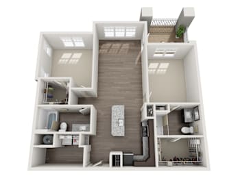 A 3D floor plan of a house with a living room, kitchen, and two bedrooms.