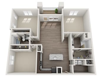 A 3D floor plan of a house with a staircase leading to the upper level.