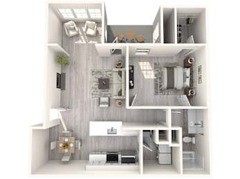 A 3D floor plan of a small apartment with a kitchen, living room, and bedroom.