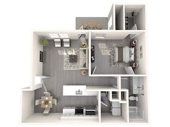 A 3D floor plan of a small apartment with a kitchen, living room, and bedroom.