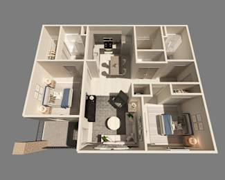 A 3D rendered image of a small apartment layout.