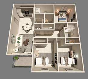 A 3D floor plan of a small apartment with a kitchen, living room, and bathroom.