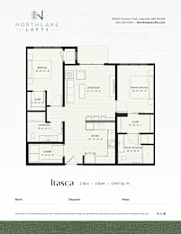 Floor Plan  A floor plan for a 2 bedroom, 2 bathroom apartment sized at 1,097 square feet.