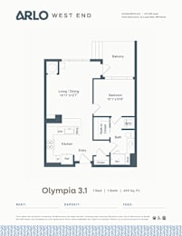 Floor Plan  A floor plan for a property by Arlo West End shows a bedroom, bathroom, living/dining area, and kitchen.