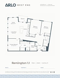 Floor Plan  A floor plan for a 3 bedroom, 2 bathroom apartment at Arlo West End.
