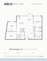 Floor Plan  A floor plan for a 3 bedroom, 2 bathroom apartment.