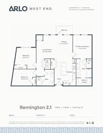 Floor Plan  A floor plan for a 3 bedroom, 2 bathroom apartment at ARLO West End.