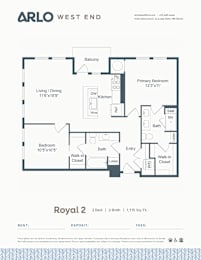 Floor Plan  A floor plan for a property by Arlo West End shows a living area, a kitchen, a dining area, a primary bedroom, a secondary bedroom, and a bathroom.
