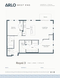 Floor Plan  A floor plan for a property by Arlo West End shows a 2 bedroom, 2 bathroom apartment.