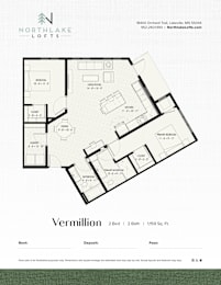 Floor Plan  A floor plan for a property named Vermillion with 2 bedrooms and 2 bathrooms.
