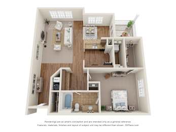 Floor Plan  3D Floor Plan of a 1-bedroom apartment with bathroom at 10x Audubon Apartments in Daphne, AL