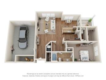 Floor Plan  3D Floor Plan of a 1-bedroom apartment with 1 bathroom and garage at 10x Audubon Apartments in Daphne, AL