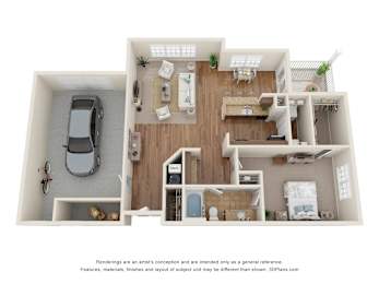 Floor Plan  3D Floor Plan of a 1-bedroom apartment with 1 bathroom and garage at 10x Audubon Apartments in Daphne, AL