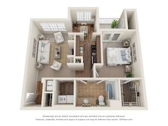 Floor Plan  3D Floor Plan of a 1-bedroom apartment with 1 bathroom at 10x Audubon Apartments in Daphne, AL