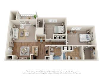 Floor Plan  3D Floor Plan of a 2-bedroom apartment with 2 bathrooms at 10x Audubon Apartments in Daphne, AL