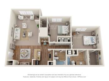 Floor Plan  3D Floor Plan of a 2-bedroom apartment with 2 bathrooms at 10x Audubon Apartments in Daphne, AL