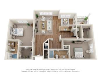 Floor Plan  3D Floor Plan of a 2-bedroom apartment with 2 bathrooms at 10x Audubon Apartments in Daphne, AL