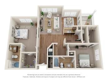 Floor Plan  3D Floor Plan of a 2-bedroom apartment with 2 bathrooms at 10x Audubon Apartments in Daphne, AL