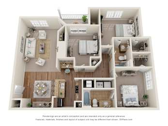 Floor Plan  3D Floor Plan of a 3-bedroom apartment with 2 bathrooms at 10x Audubon Apartments in Daphne, AL