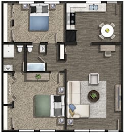 A floor plan of a house with a kitchen, living room, and two bedrooms.