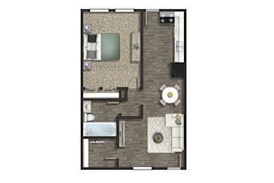 A floor plan of a small apartment with a laundry area.