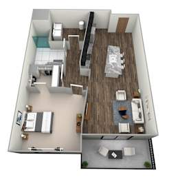 A 3D floor plan of a house with a living room, kitchen, and two bedrooms.