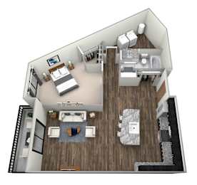 A 3D rendered image of a modern apartment layout.