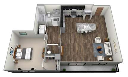 A top down view of a small apartment with a kitchen, living room and bedroom.