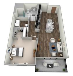 A 3D floor plan of a small apartment with a kitchen, living room, and bedroom.