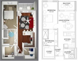 1 bedroom 1 bathroom floor plan B at 20 Midtown, Birmingham, AL, 35233